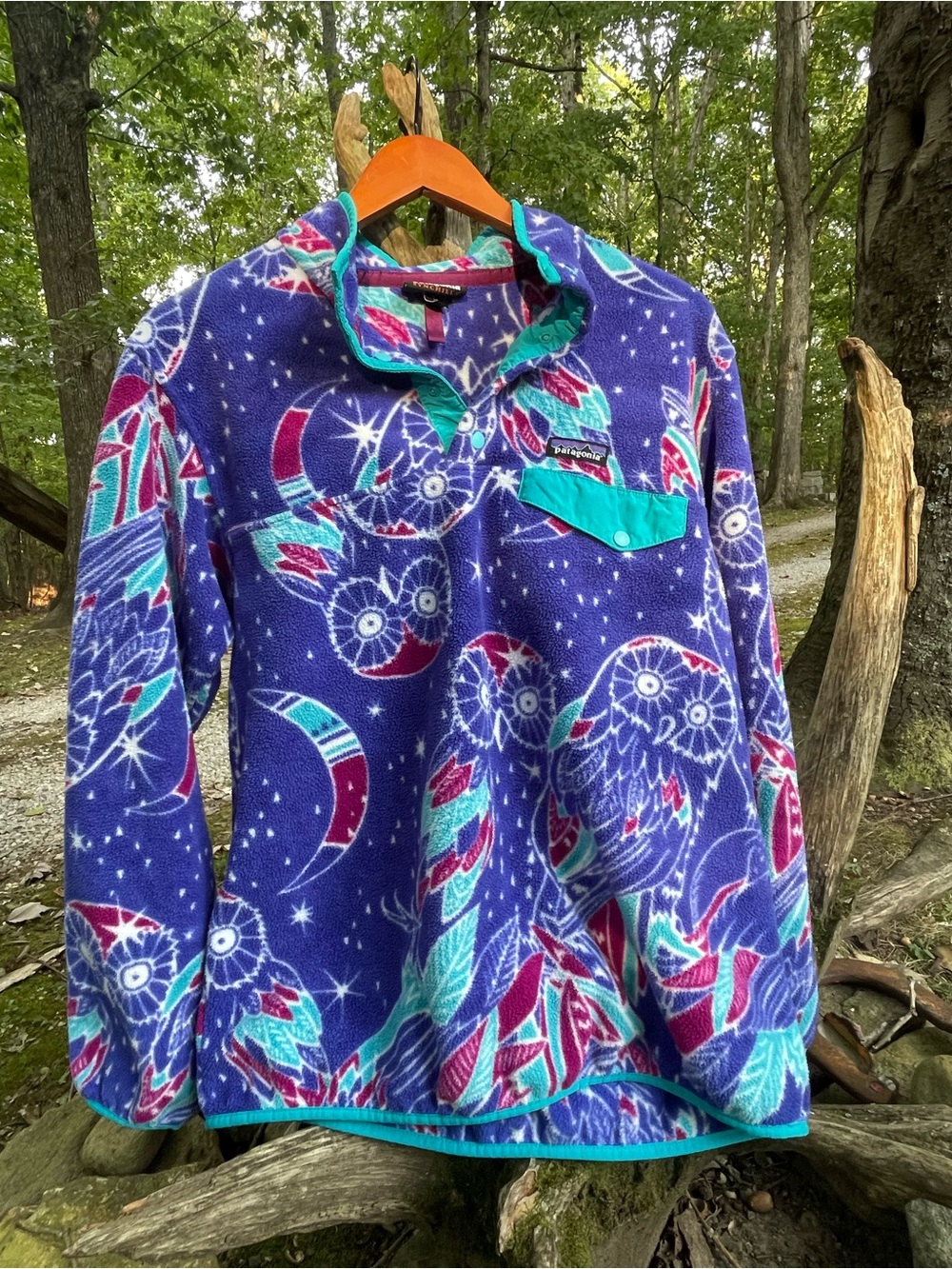 Patagonia Purple Fleece Pullover with Teal Trim and Multicolor Celestial Print